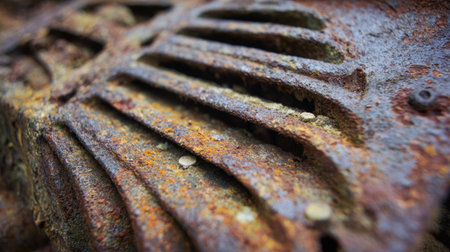 This close-up photograph captures a weathered rusty metal surface, highlighting intricate textures and patterns that showcase natural decay and erosion.の素材