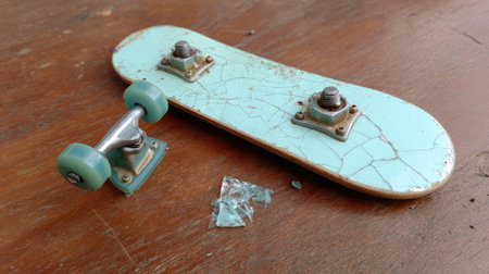 This image features a vintage mini skateboard displaying a cracked surface and a piece of broken glass on a wooden table. It captures nostalgia and skate culture.の素材