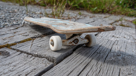 A detailed close-up capture of an old skateboard resting on rustic wooden planks, showcasing the texture and natural beauty of the surroundings.の素材
