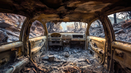 The image captures the interior of a burned vehicle, showcasing the aftermath of a wildfire with charred remnants and a haunting landscape.の素材