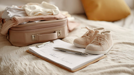 A warm setup showcasing a selection of baby clothes, tiny shoes, and a planning checklist on a soft bed, capturing the essence of preparing for new life.の素材