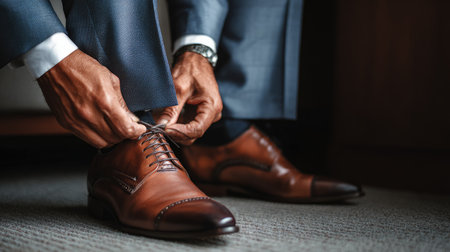 A close-up view of a businessman tying his brown dress shoes while adjusting his tailored suit in a modern office, showcasing elegance and professionalism.の素材