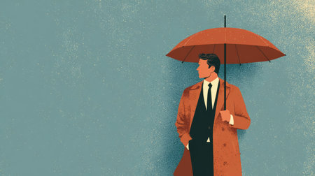 A sophisticated man stands under a red umbrella, dressed in a stylish trench coat, creating an elegant portrait against a textured blue background.の素材