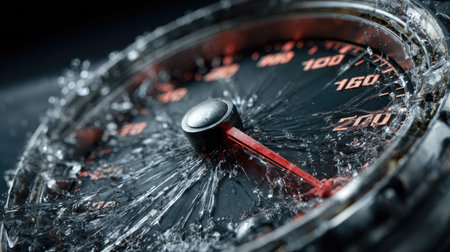 This striking close-up image showcases a cracked speedometer caught in a moment of impact, with water splashing around it. The intricate detail highlights the blend of technology and fragility, creating a captivating visual effect.の素材