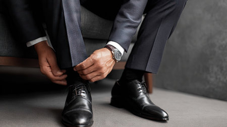 A sophisticated businessman carefully adjusts his tailored pants while tying his black leather shoe in a modern office setting. The attention to detail showcases professionalism and elegance.の素材