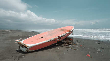 This image showcases an abandoned surfboard resting on a rocky beach, set against a backdrop of gentle ocean waves and a cloudy sky. Perfect for coastal themes.の素材