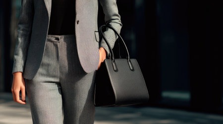 A stylish woman in a tailored suit holds a chic handbag, showcasing elegance and professionalism in an urban environment, perfect for fashion and business themes.の素材