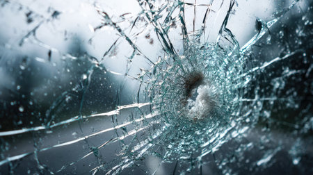 This close-up photograph captures a stunning view of cracked glass displaying intricate shattered patterns, reflecting light and texture.の素材