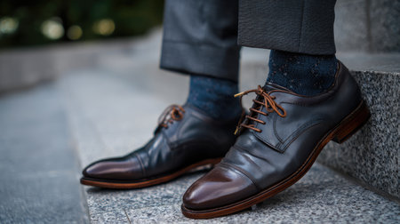 A close-up view of elegant brown leather dress shoes paired with stylish socks, set against concrete steps in an urban environment, capturing timeless sophistication.の素材