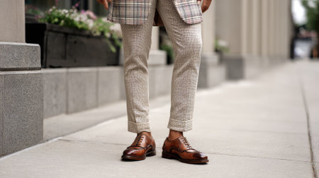 A stylish male in a plaid jacket showcases classic brown leather shoes while standing on a city sidewalk, exuding professionalism and elegance.の素材