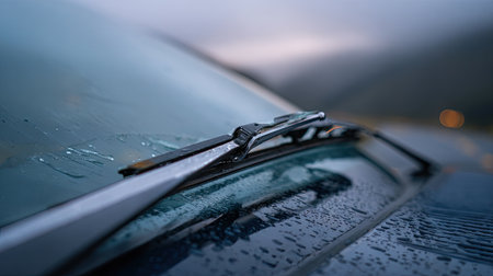 A close-up shot captures a rain-drenched car windshield with a wiper blade, reflecting the moody atmosphere of a gloomy day in nature.の素材