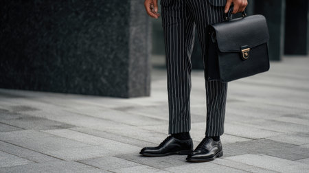 A stylish business outfit featuring a man in striped trousers and a black leather briefcase, showcasing professionalism in a modern urban environment.の素材