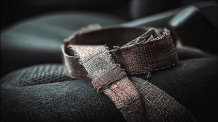 This close-up image highlights a worn fabric strip resting on a car seat, showcasing intricate details and textures under natural light. Ideal for automotive themes.の素材
