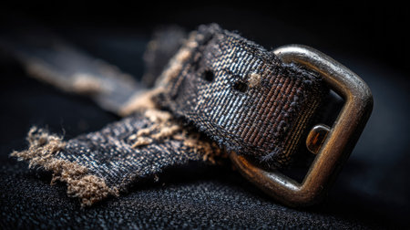 This close-up image showcases a worn denim strap with a metal buckle, highlighting the intricate textures and details against a black background.の素材