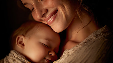 A heartwarming image captures a mother and her baby sharing a tender embrace, showcasing their joyful expressions. The soft, natural light enhances the warmth of their bond, creating an intimate scene filled with love and trust.の素材