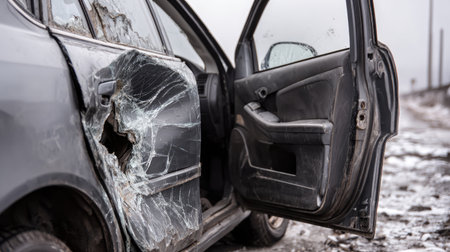 A close-up view of a damaged car door with a broken window in a snowy landscape, highlighting signs of neglect and the effects of weathering.の素材