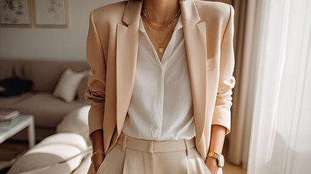 A fashionable woman stands confidently in a chic beige suit featuring a white shirt, set against a serene home background filled with natural light.の素材