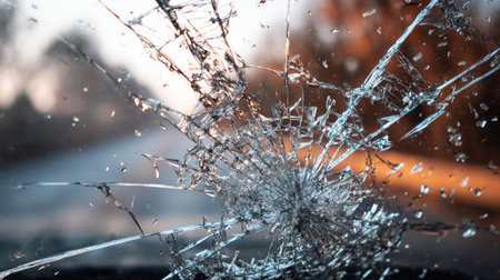 This close-up image captures the intricate details of a cracked windshield with shattered glass, set against a softly blurred nature background at sunrise.の素材