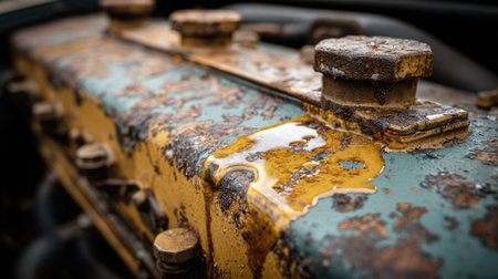 Capturing the essence of aged machinery, this close-up features a weathered engine component with striking rust patterns and textures that highlight industrial history.の素材