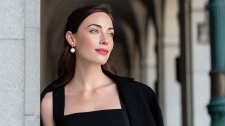 A sophisticated portrait of a young woman in black clothing and pearl earrings, captured against a beautifully designed architectural backdrop.の素材