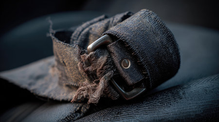 This image showcases a close-up view of a worn and frayed fabric strap with a metal buckle, highlighting intricate textures and details against a dark background.の素材