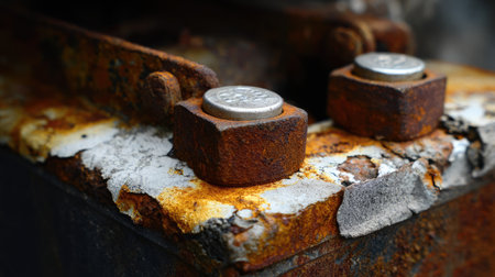 A captivating close-up image showcasing a rusty metal surface, featuring old bolts and coins that evoke a sense of timeworn beauty and decay.の素材