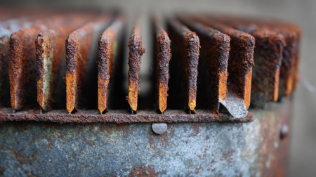 This close-up image focuses on a rusty metal grill, showcasing its aged texture, colorful rust patterns, and defined edges, emphasizing industrial decay.の素材