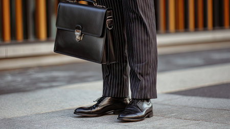 A stylish business professional stands confidently in pinstriped trousers and polished black shoes, holding a sleek leather briefcase on city pavement.の素材