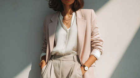 A confident businesswoman showcases her elegance in a stylish beige suit, posed against a minimalist background that highlights her modern fashion sense.の素材
