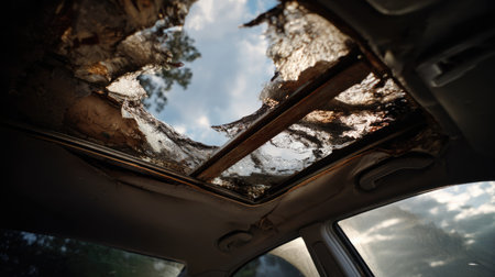 A striking image showcasing a damaged car interior with a broken sunroof, revealing a backdrop of the sky and trees, evoking a sense of decay and abandonment.の素材