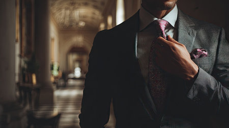 A sophisticated businessman adjusts his tie in an elegant hallway, exuding confidence and style in tailored attire, perfect for a professional setting.の素材