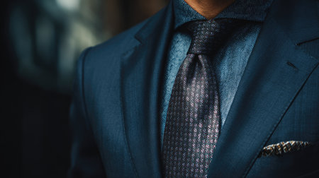 This close-up image showcases a tailored suit and tie, highlighting exquisite fabric texture and intricate design. Ideal for business and fashion concepts.の素材