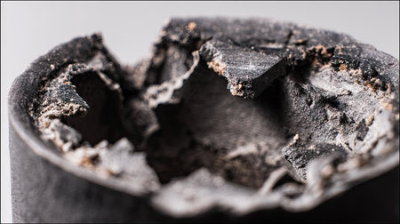 This macro photograph captures a detailed close-up of a weathered and cracked surface, showcasing intricate textures and dust particles. The image highlights subtle variations in light and shadow for an artistic representation of decay.の素材