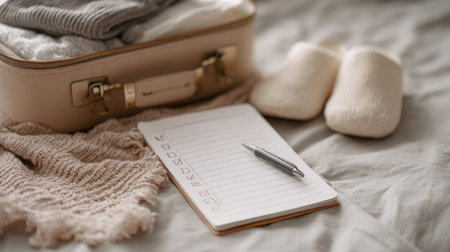 A serene travel scene featuring a suitcase filled with soft textiles, slippers, and a packing list, evoking comfort and organization for a relaxing journey.の素材