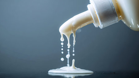 A close-up view of liquid cream spilling from a bottle, creating a beautiful visual with its smooth texture and droplets on the surface in soft light.の素材