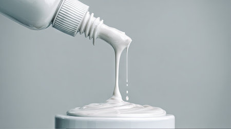 A closeup image of a creamy white substance being poured from a bottle, creating elegant drips on a smooth surface, with a soft gray background.の素材