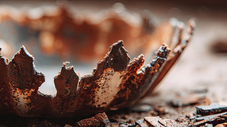 This detailed close-up features a cracked and rusty bowl, showcasing intricate textures on a wooden surface, beautifully captured in natural light.の素材