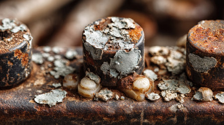 This close-up image captures the intricate details of a rusty metal surface adorned with corroded bolts and lichen growth, showcasing decay and age.の素材