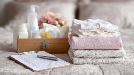 A soothing bedroom arrangement featuring neatly folded clothes, a notepad with a pen, and skincare products, creating a peaceful and organized atmosphere.の素材