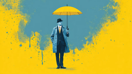 A stylish man stands confidently under a vibrant yellow umbrella against a striking blue background, complemented by an abstract paint splatter effect.の素材