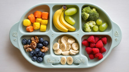This vibrant toddler meal plate features a colorful arrangement of fresh fruits and vegetables, promoting healthy eating habits in children.の素材