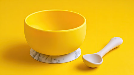 A vibrant and eye-catching yellow bowl is paired with a sleek spoon, set against a bright yellow background, making it perfect for modern kitchen aesthetics.の素材