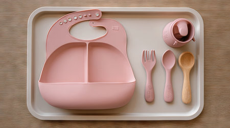 This charming pink tableware set includes a stylish storage container, utensils, and a tray, perfect for childrenの素材