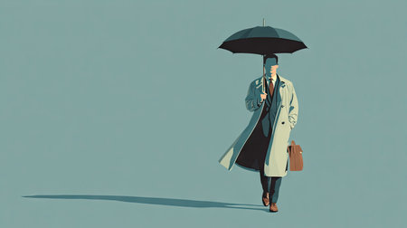 A sophisticated businessman in a trench coat walks alone with an umbrella in a minimalist urban landscape. The muted color palette enhances the serene atmosphere, representing solitude and professionalism in a rainy setting.の素材