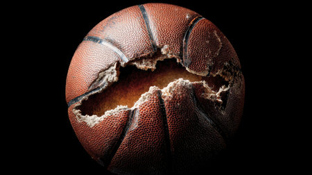 This image features a close-up of a damaged basketball, showcasing its rough texture and deep cracks, which add a dynamic feel to sports-themed visuals.の素材