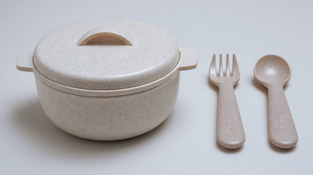 This eco-friendly container set includes a stylish storage pot with a lid, fork, and spoon, perfect for sustainable dining and food preparation.の素材