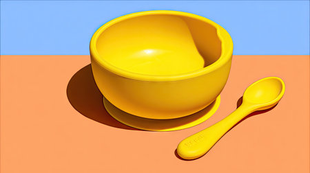 This image features a lively yellow bowl and spoon set, showcasing a modern design against a colorful backdrop, perfect for child dining setups.の素材