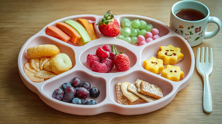 A delightful presentation of a kids' snack plate featuring a variety of fruits, vegetables, and treats, accompanied by a cheerful cup of tea.の素材