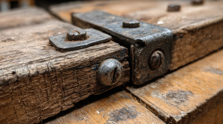 This image captures a close-up view of vintage metal hinges on weathered wood, showcasing intricate textures and rustic industrial design elements perfect for historical themes.の素材
