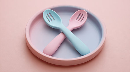 A vibrant and playful scene featuring a round silicone plate with soft pastel colors, complemented by baby utensils in blue and pink. Ideal for feeding infants.の素材
